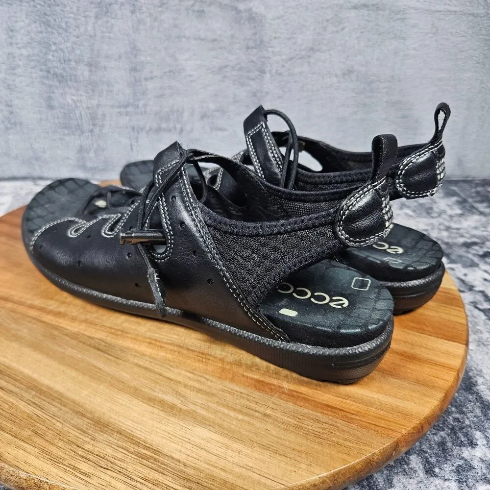 ECCO Jab Toggle Gladiator Sandals Women 38 US 7.5 Black Leather Bungee Fisherman